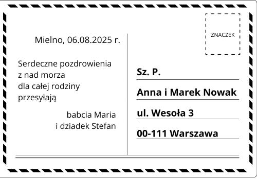 Przykład poprawnie zaadresowanej pocztówki wysłanej z Polski